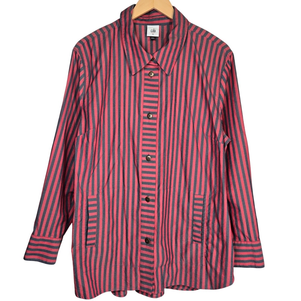 Cabi 6083 Regatta Red Navy Striped Button Down Shirt Jacket XL Womens Shacket